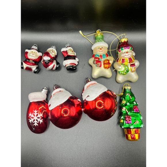 Vtg Glass & Plastic Christmas Ornaments, Santa, Snowman, Tree, Mitten, Set of 9 - Picture 1 of 12